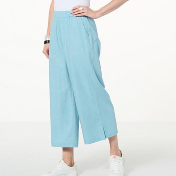 Wynne Layers Blue Wide Leg Crop Ankle Flowy Linen Blend Pants 1x Plus Size - Picture 1 of 1